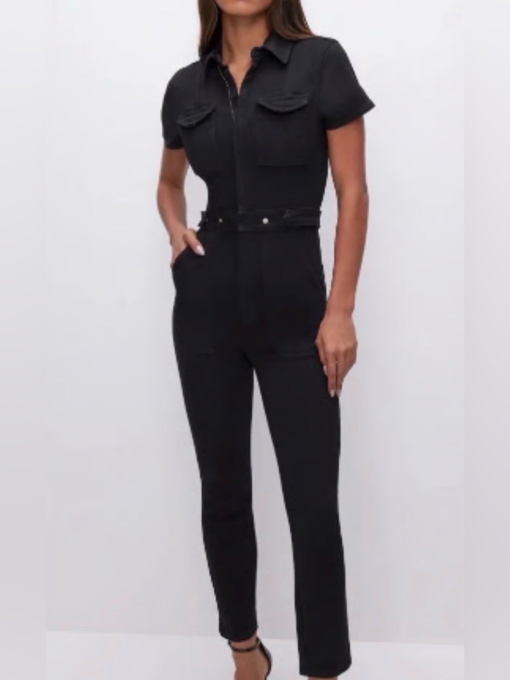 Good American Black Short-Sleeve straight legged Utility Jumpsuit